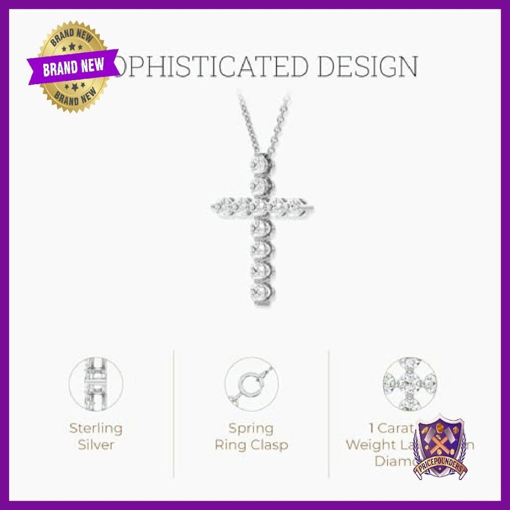 1ct Lab Diamond Cross Pendant Necklace Sterling Silver 18in Chain - Picture 3 of 8